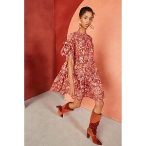 Ulla Johnson Fawn Tiered Ruffle Dress $495 Floral Print Red Pink Boho Size 2